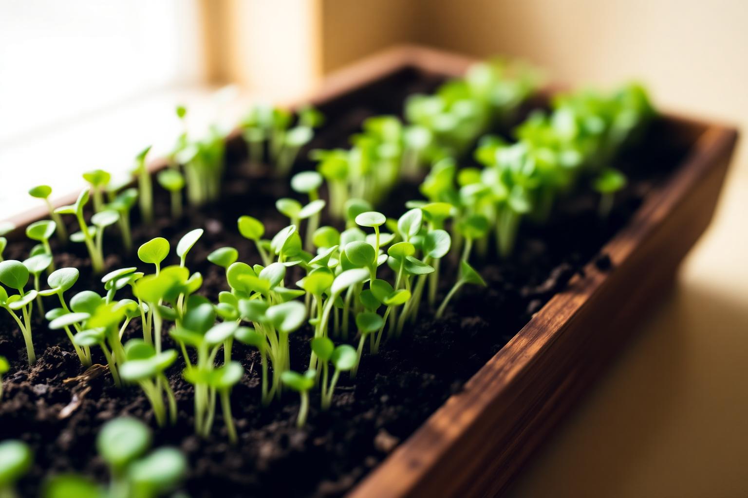 Fresh microgreens growing in a wooden tray